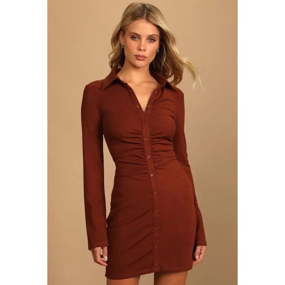 Lulu’s A Little Prep Rust Brown Button-Up Bodycon Mini Dress - Picture 1 of 8